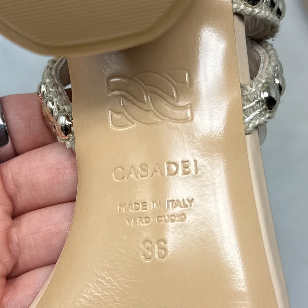 NEW Casadei Studsway Pearl Studded Strappy Open Toe Kitten Block Heel Sandals 36